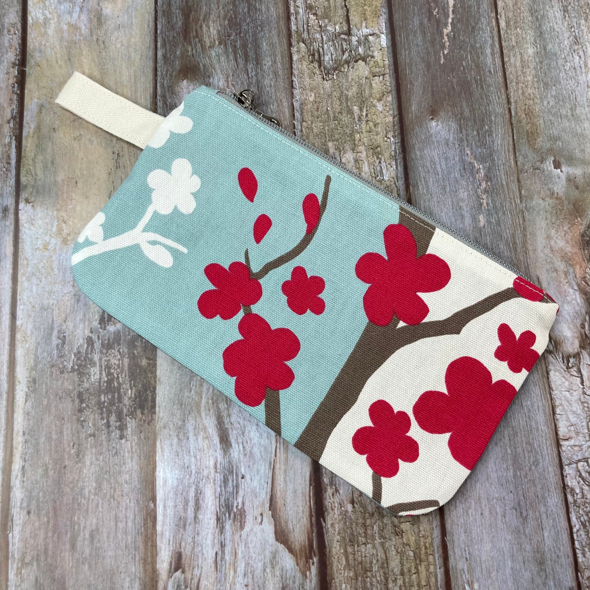 Makeup Bag Pencil Case - Pale Blue Cream Red Abstract Floral - Uphouse Crafts