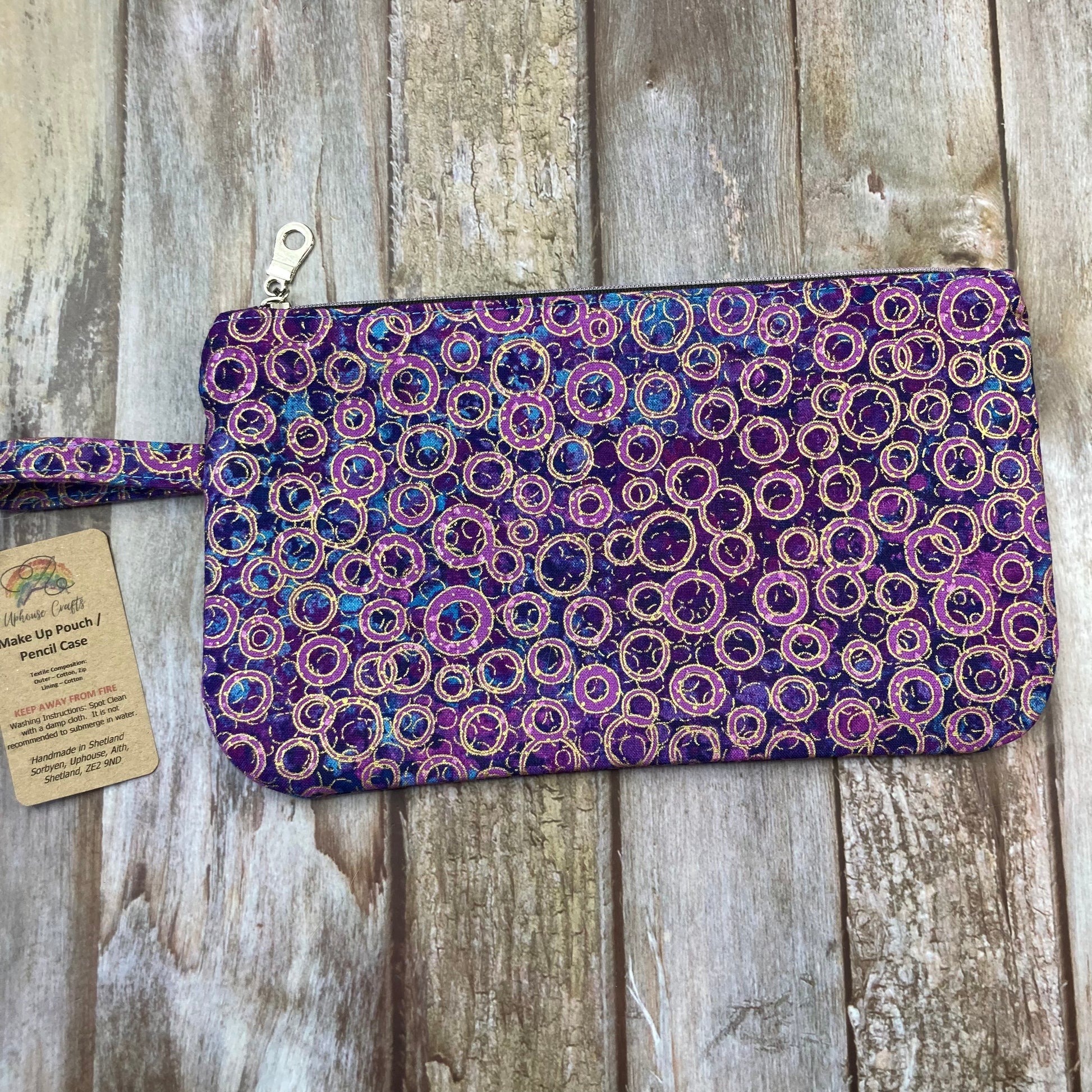 Makeup Bag Pencil Case - Hummingbird, Purple Gold Shimmer - Uphouse Crafts