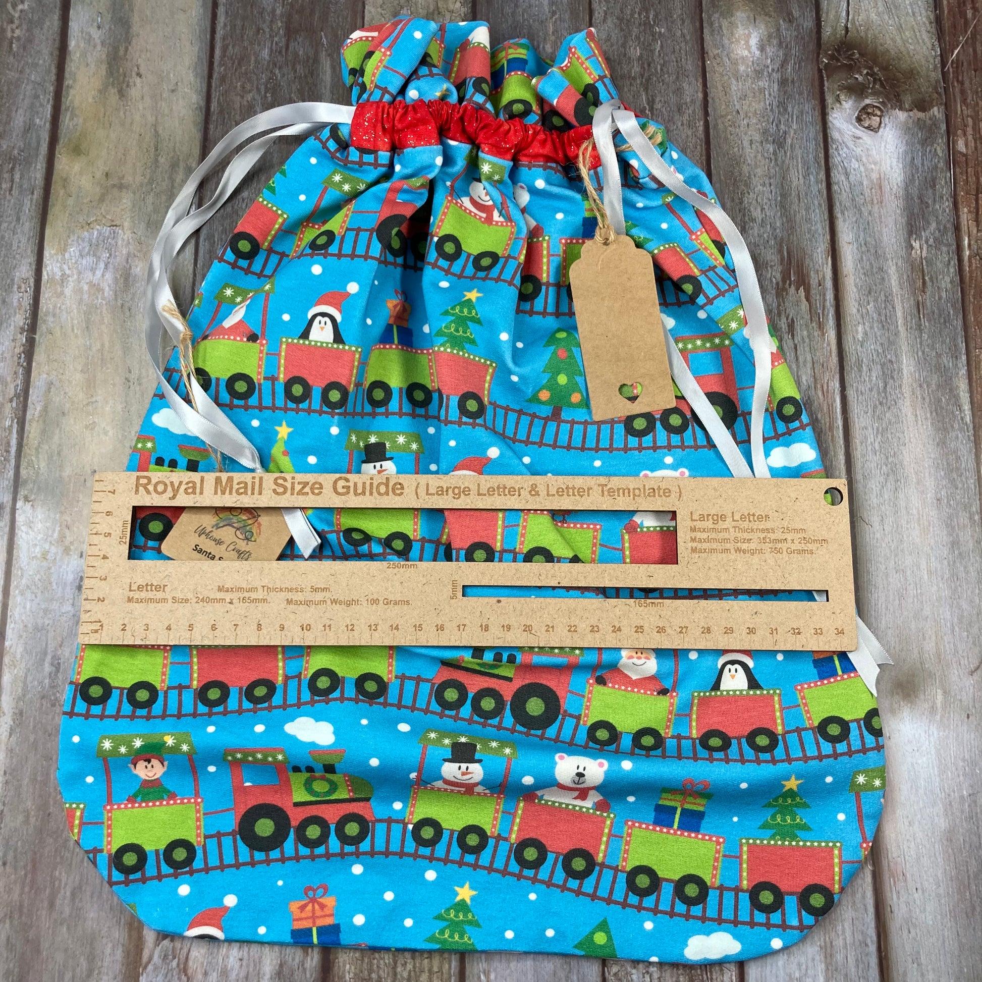 Reusable Christmas Drawstring Gift Bag - Santa Train - Uphouse Crafts