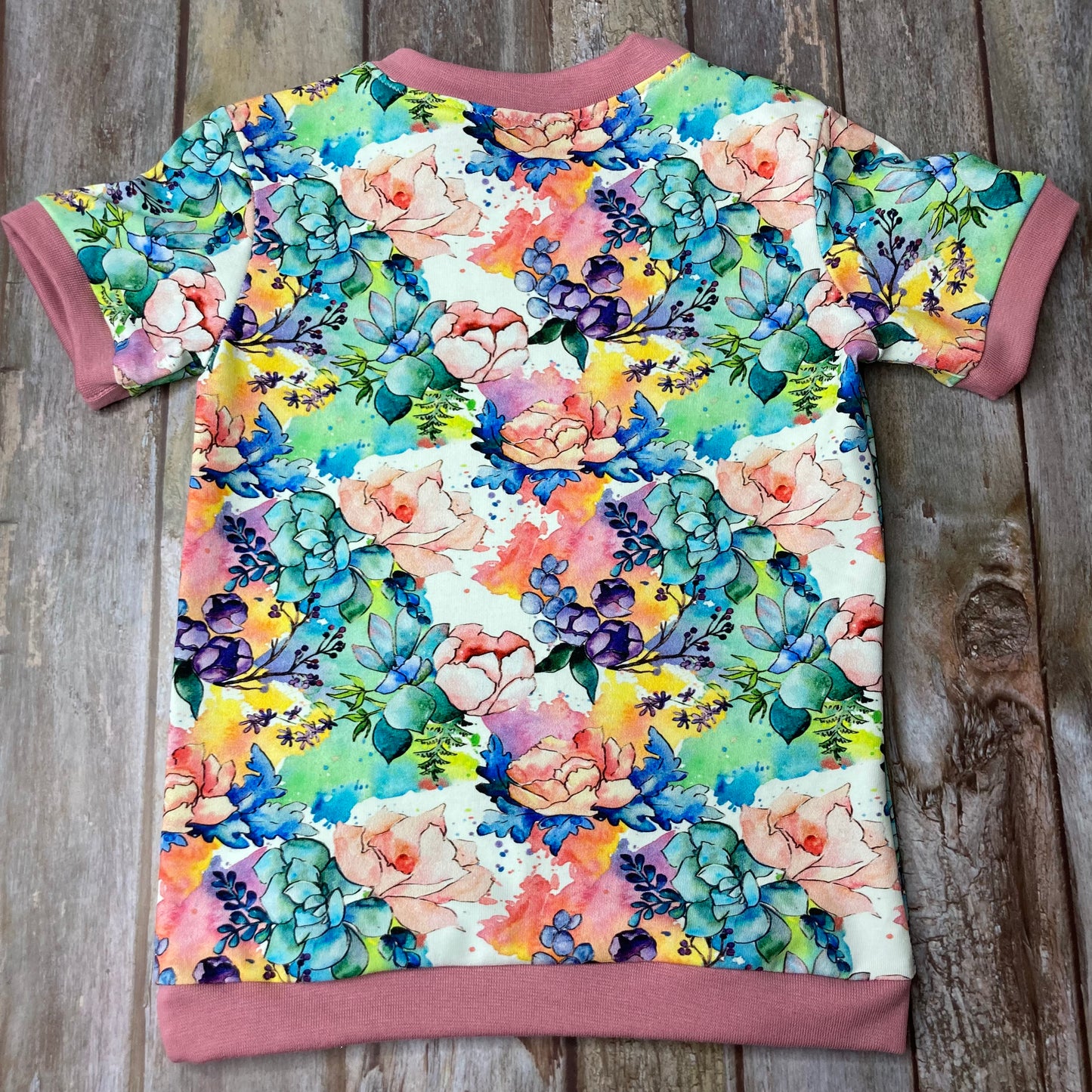 Kids Cuffed T-shirt cotton jersey - floral pink white green - age 1-4 - Uphouse Crafts