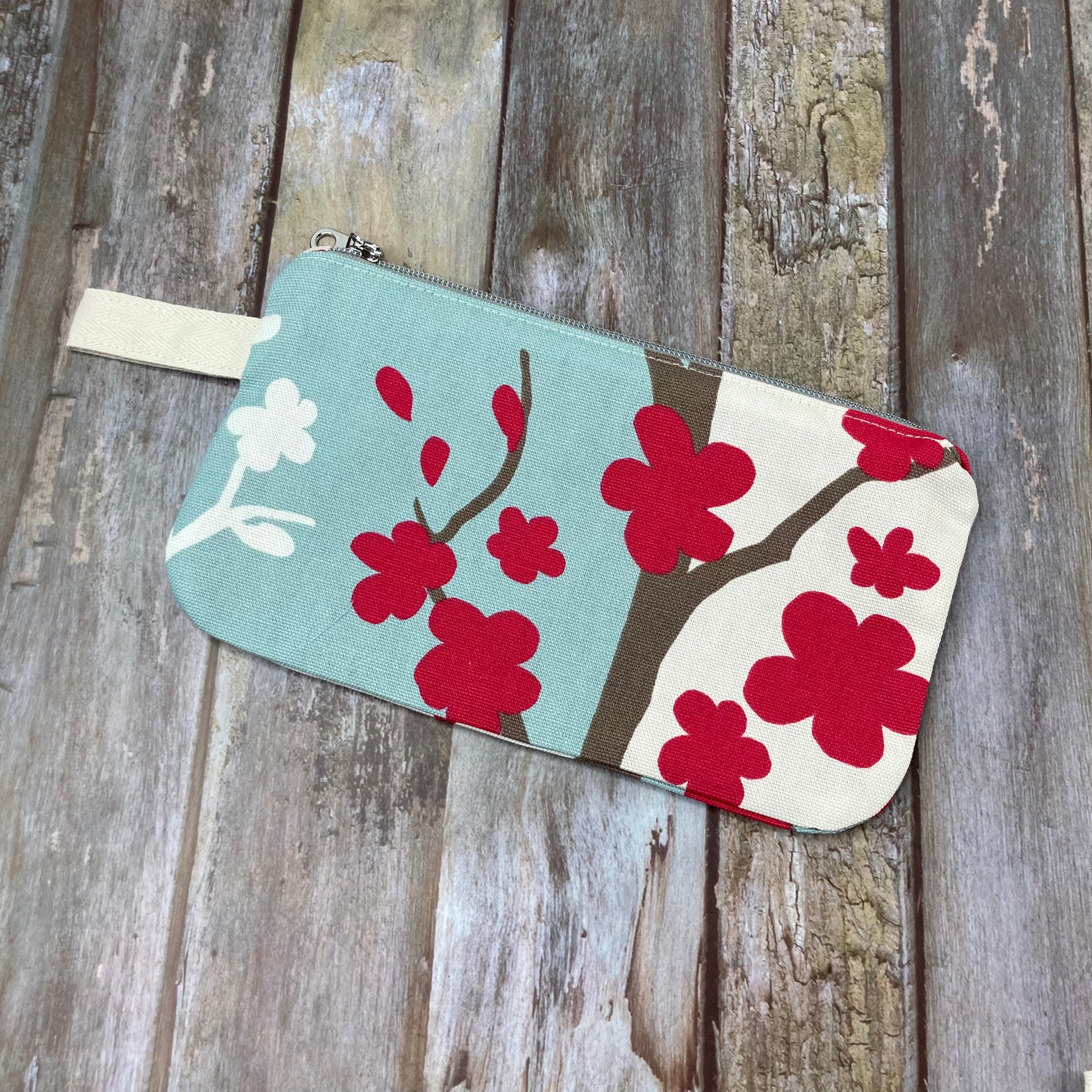 Makeup Bag Pencil Case - Pale Blue Cream Red Abstract Floral - Uphouse Crafts