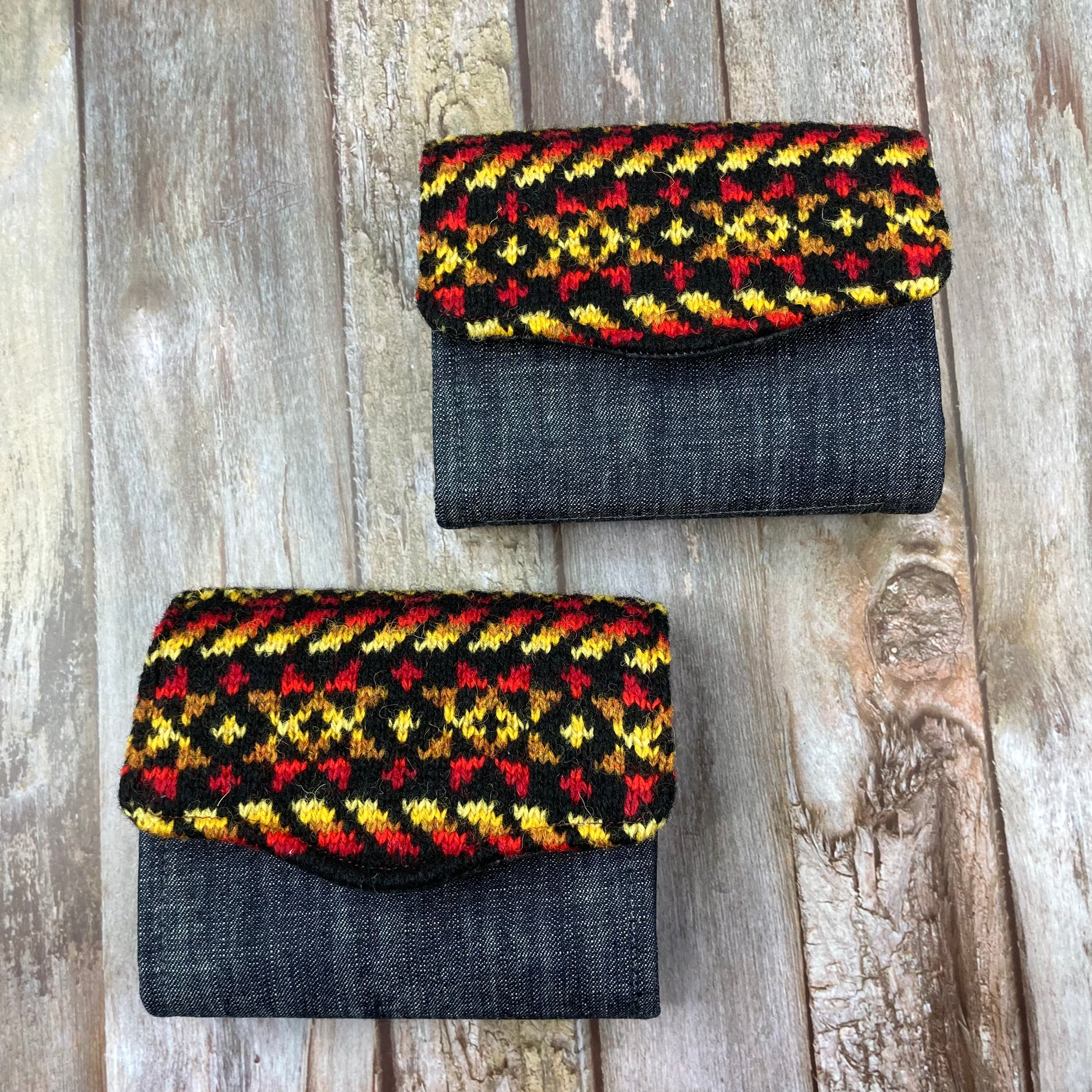 Hand knitted Fair Isle Purse, Clutch - Black Red Yellow Star - Uphouse Crafts