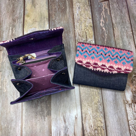 Hand knitted Fair Isle Purse Clutch - Purple Dusky Pink Teal - Uphouse Crafts