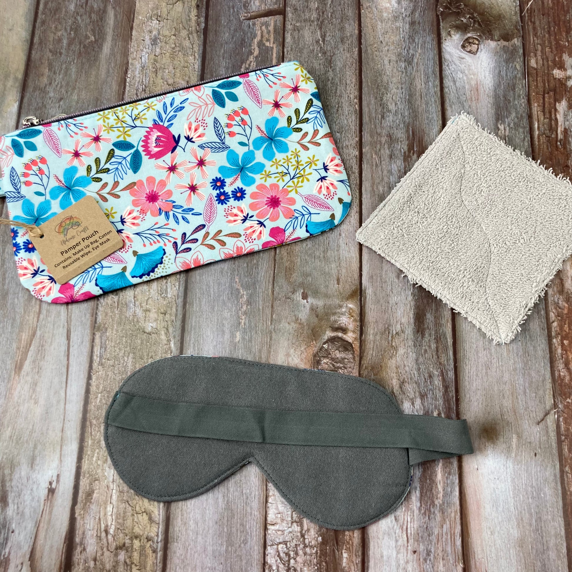Pamper Pouch Gift Set - Cotton MakeUp Bag Reusable Wipe Sleep Mask - Duck Egg, Coral, Navy, Grey - Uphouse Crafts