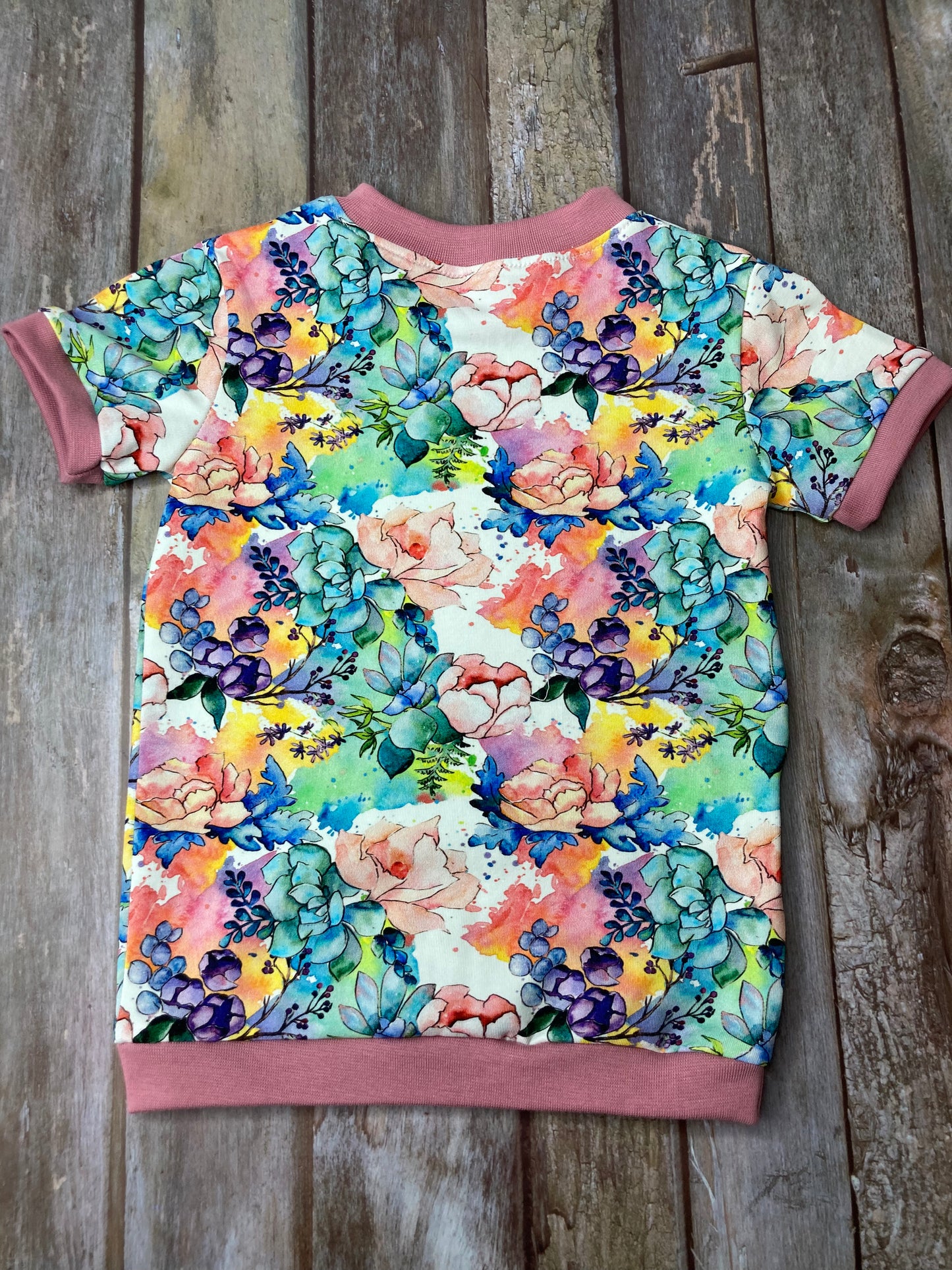 Kids Cuffed T-shirt cotton jersey - floral pink white green - age 1-4 - Uphouse Crafts