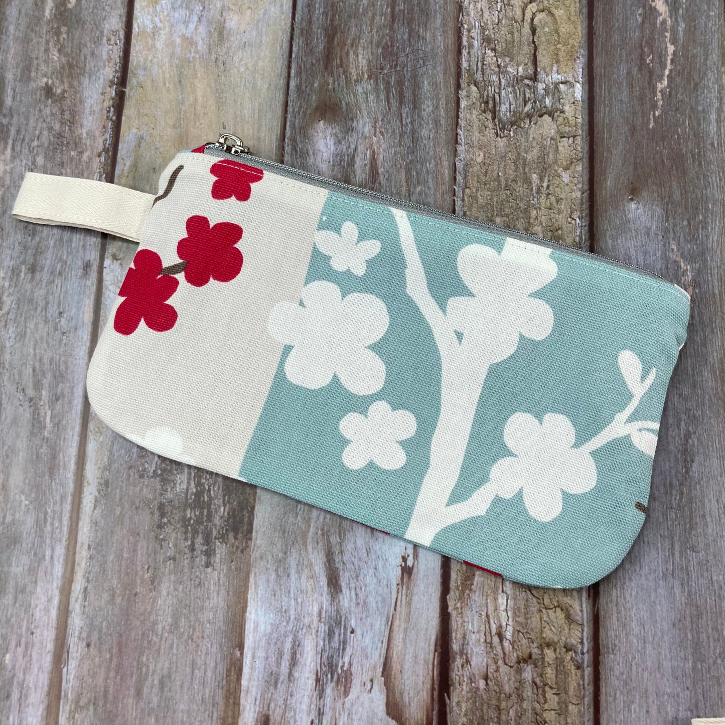 Makeup Bag Pencil Case - Pale Blue Cream Red Abstract Floral - Uphouse Crafts