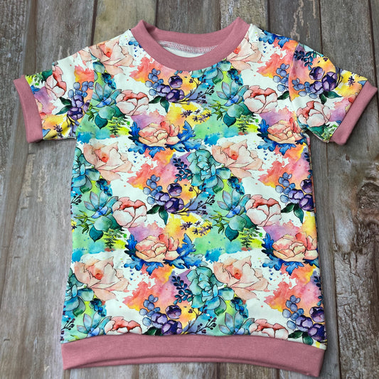 Kids Cuffed T-shirt cotton jersey - floral pink white green - age 1-4 - Uphouse Crafts