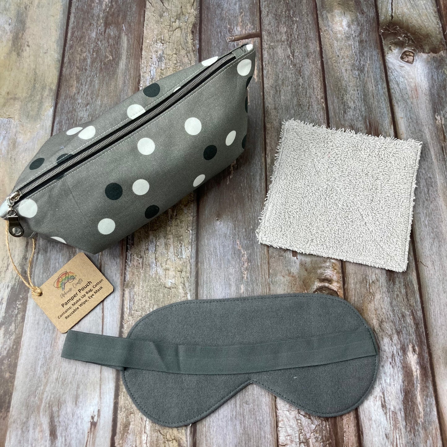 Pamper Pouch Gift Set - Cotton MakeUp Bag Reusable Wipe Sleep Mask - Duck Egg, Coral, Navy, Grey - Uphouse Crafts