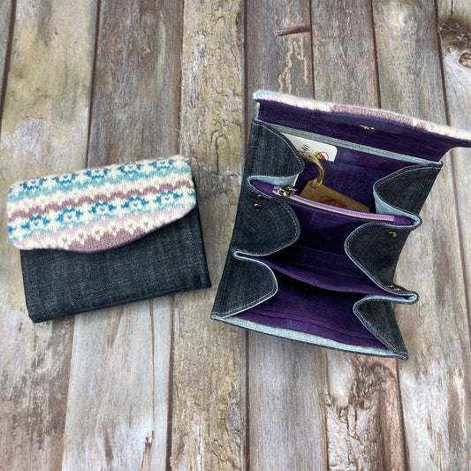 Hand knitted Fair Isle Purse Clutch - Ivory Aqua Lilac - Uphouse Crafts
