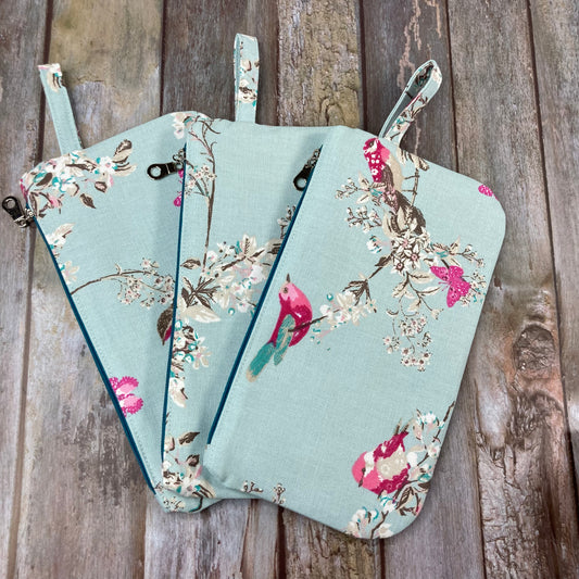 Makeup Bag Pencil Case - Pale Blue Cream Pink Floral Bird - Uphouse Crafts