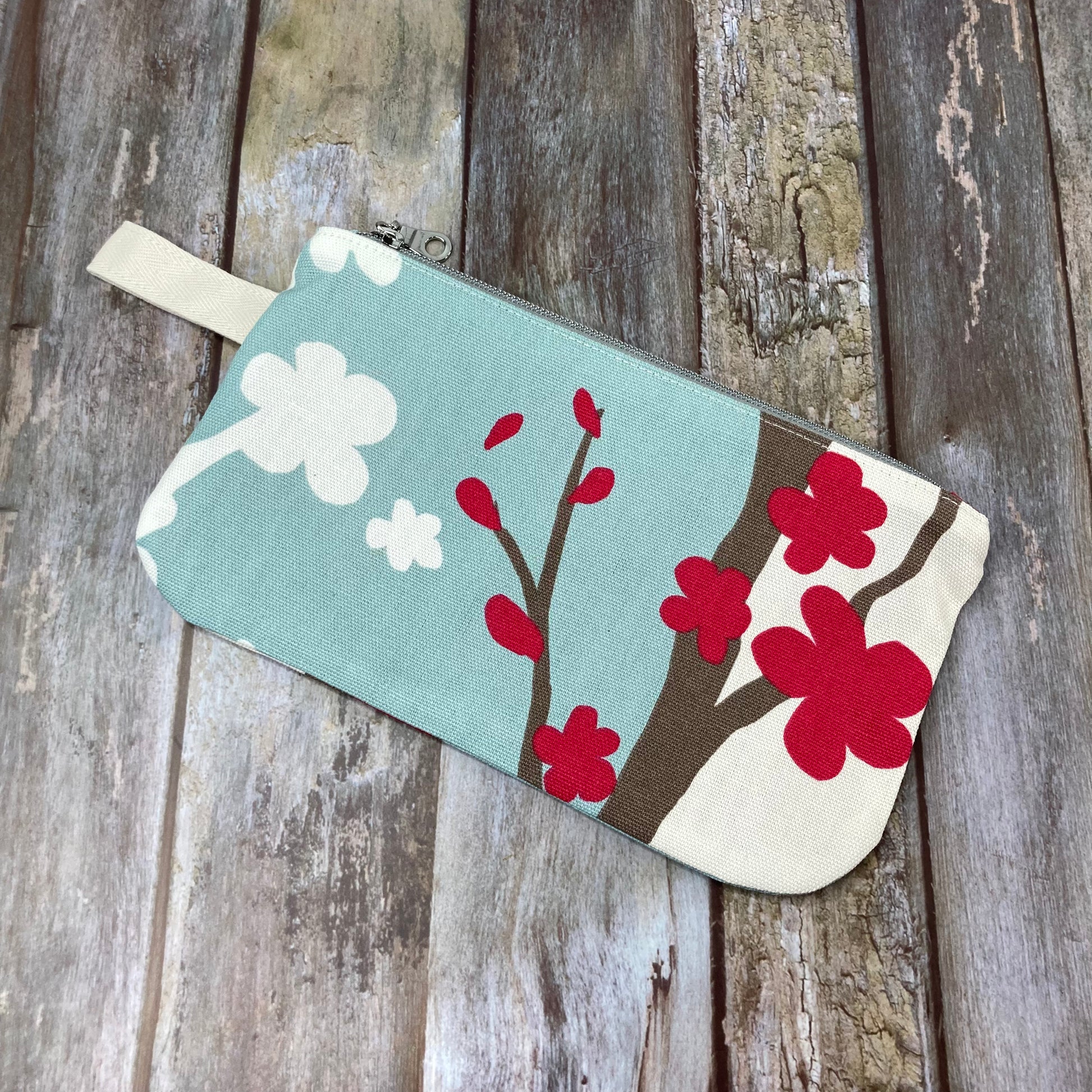 Makeup Bag Pencil Case - Pale Blue Cream Red Abstract Floral - Uphouse Crafts