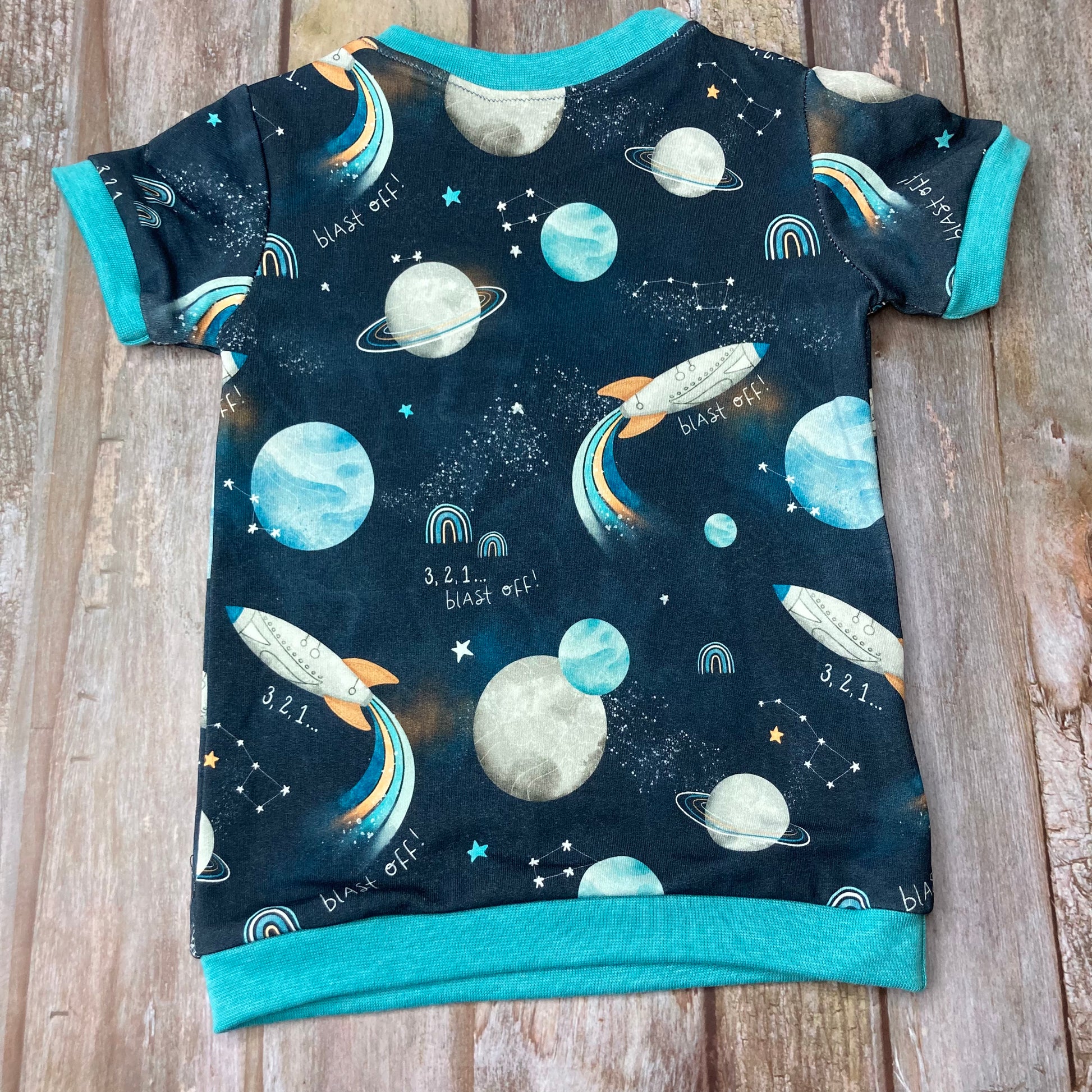 Kids Cuffed T-shirt cotton French terry - Space Rocket Blue - age 1-4 - Uphouse Crafts