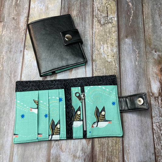SALE Bi-Fold Black Faux Leather Wallet - Mint Puffin interior - Uphouse Crafts