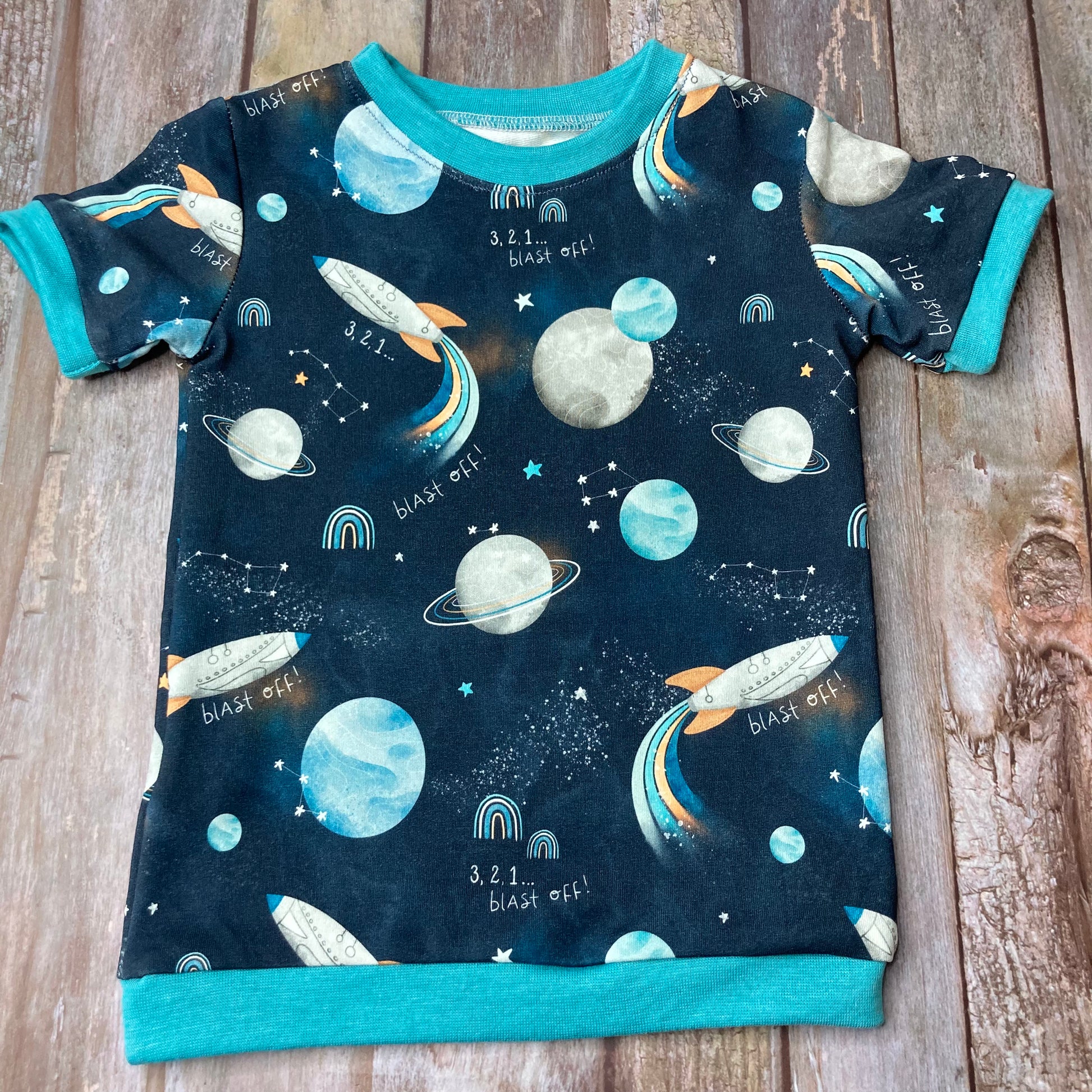 Kids Cuffed T-shirt cotton French terry - Space Rocket Blue - age 1-4 - Uphouse Crafts