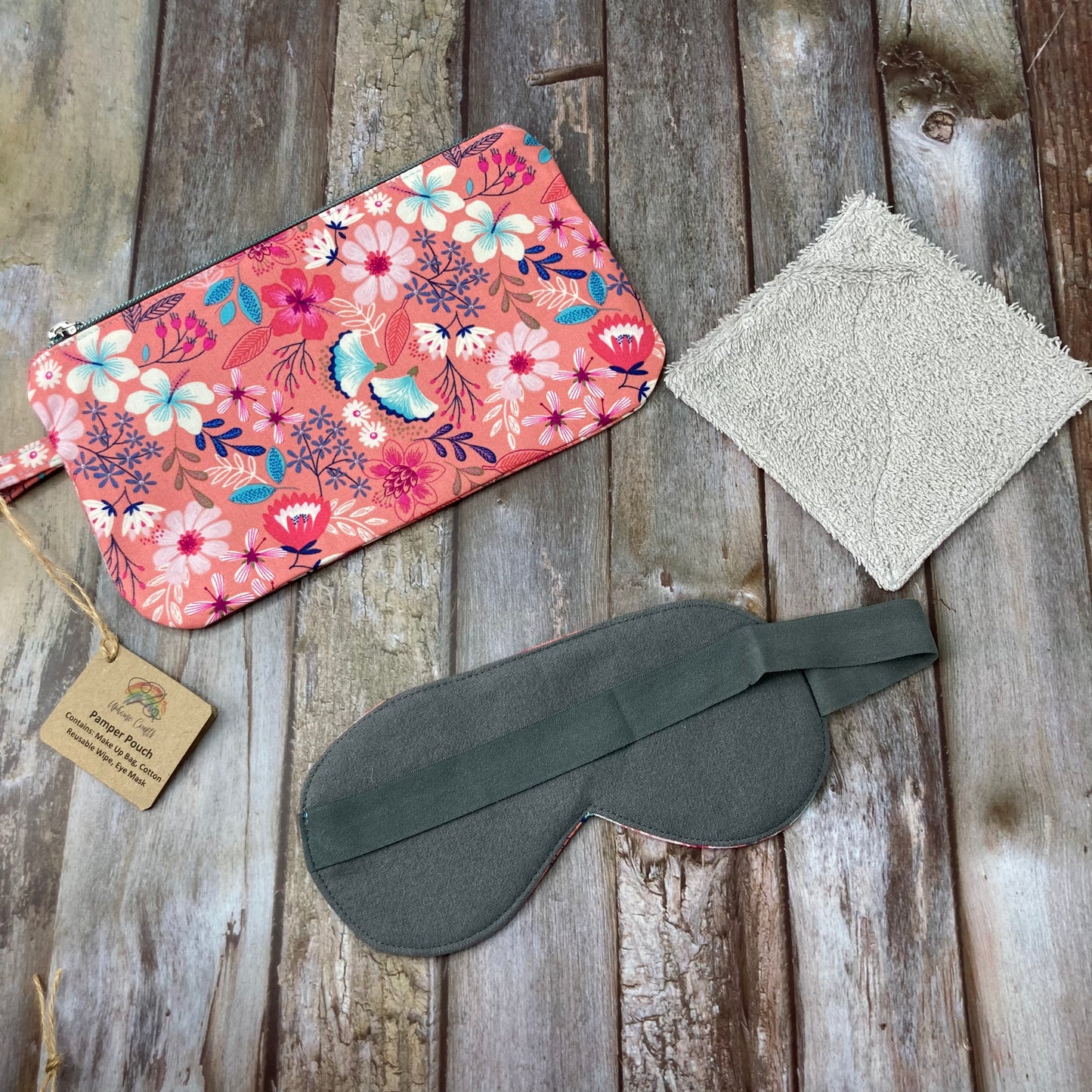 Pamper Pouch Gift Set - Cotton MakeUp Bag Reusable Wipe Sleep Mask - Duck Egg, Coral, Navy, Grey - Uphouse Crafts