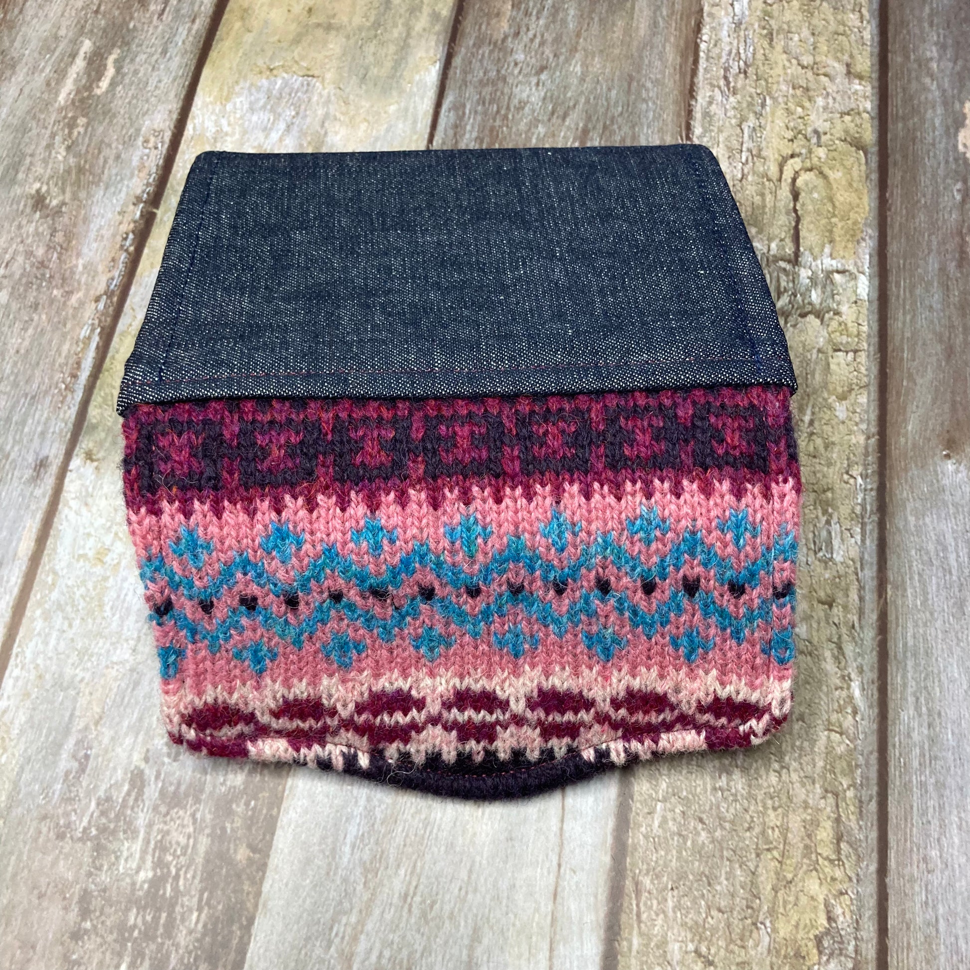 Hand knitted Fair Isle Purse Clutch - Purple Dusky Pink Teal - Uphouse Crafts