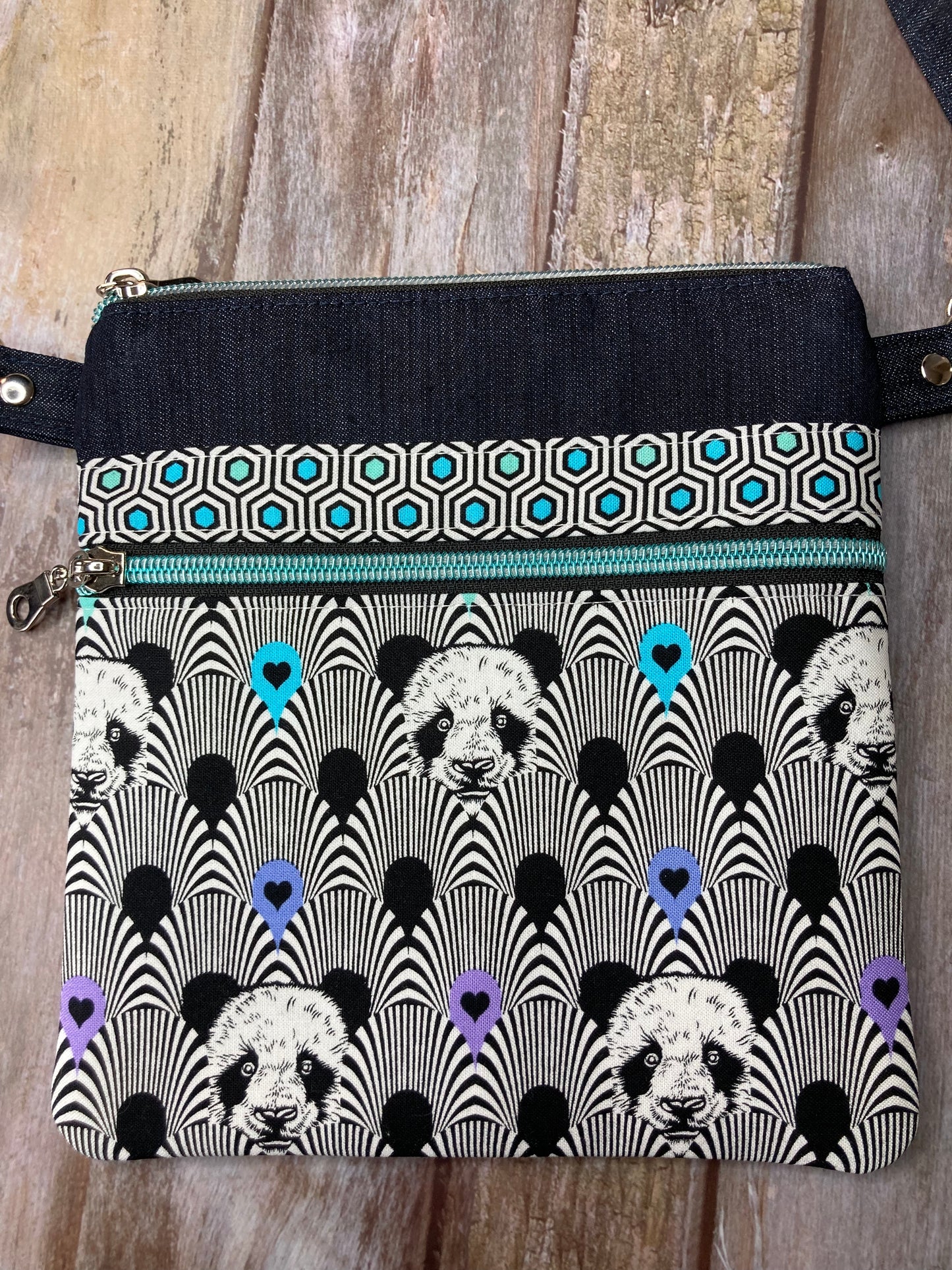 Small Crossbody Bag - Turquoise Rainbow Panda & Denim - Uphouse Crafts