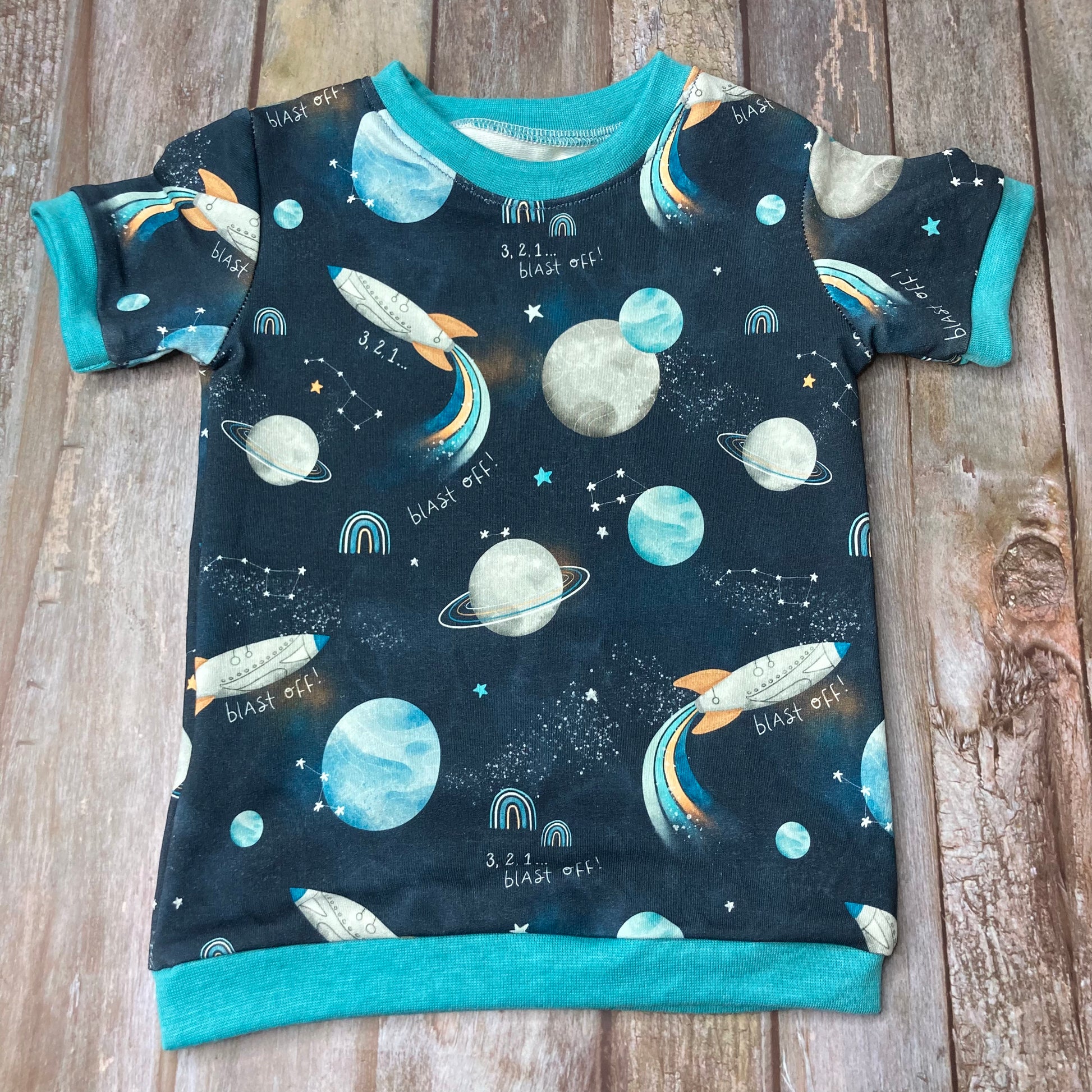 Kids Cuffed T-shirt cotton French terry - Space Rocket Blue - age 1-4 - Uphouse Crafts