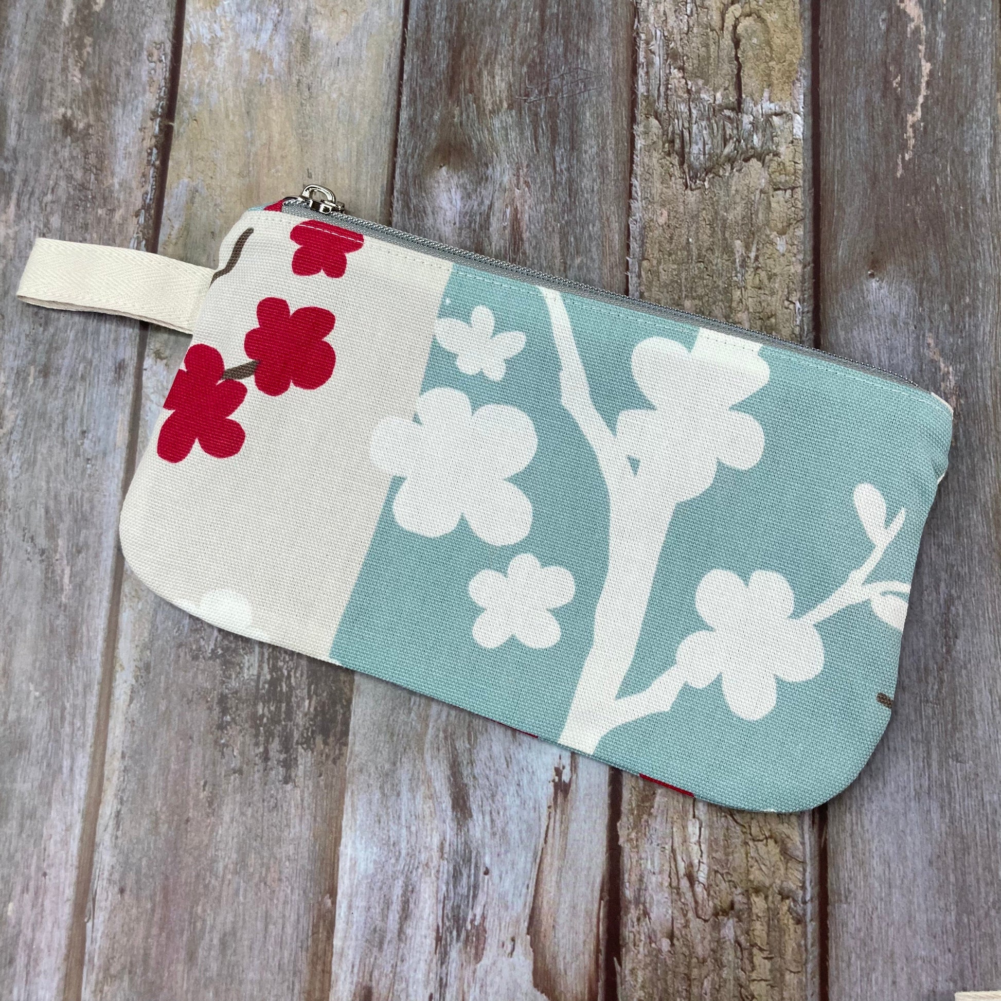 Zip Pouch Makeup Bag - Pencil Case | Pale Blue Cream Red Abstract Floral